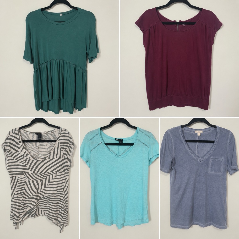 Mixed Size S M Top Bundle Womens Casual Short Sleeve V-Neck Striped Solid Lot 5